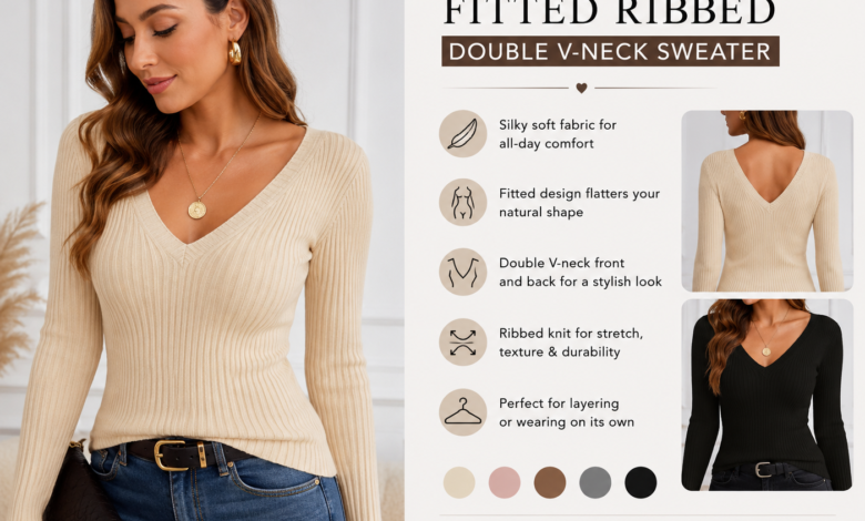silky soft fitted ribbed double v-neck sweater